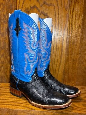 Ferrini Full Quill Ostrich Foot Blue Embroidered Shaft Square Toe Cowboy Boots
